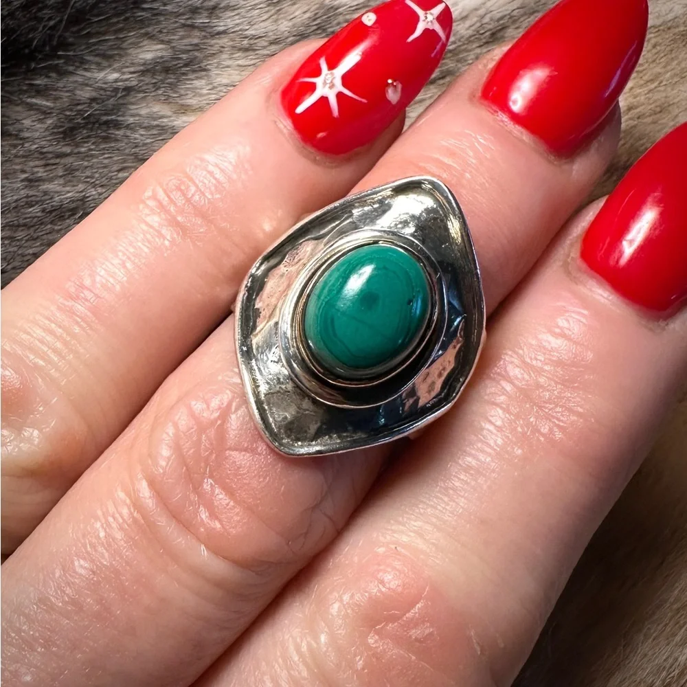 Hammered Sterling Silver & Bronze Bezel Malachite Statement Ring